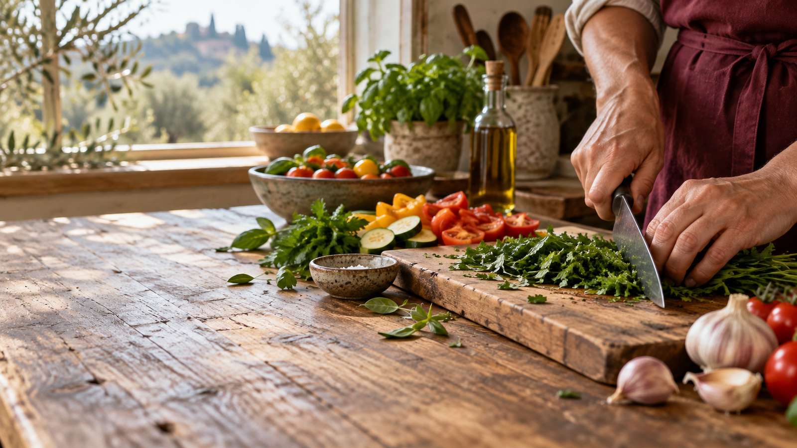 Hands chopping fresh herbs and vegetables in a sunlit kitchen